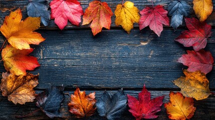 Wall Mural - Autumn Leaves Frame on Wooden Background