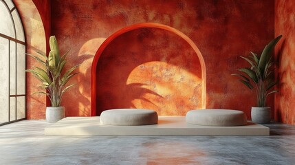 Wall Mural - Minimalist Interior Design with Red Wall and White Platform