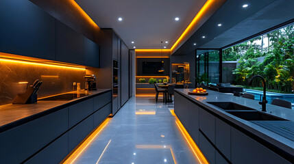 Modern Kitchen Interior Design Photo - Black Cabinets and Orange Lighting with View of Backyard Swimming Pool