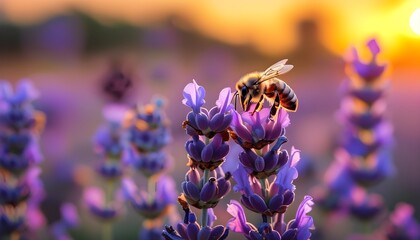 Honeybee collecting nectar from lavender flowers at sunset, highlighting natures beauty and vibrant colors of pollination.