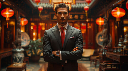 Confident young asian businessman in traditional luxury setting