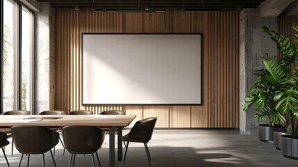 Modern conference room with large blank screen, wooden wall, and natural light.