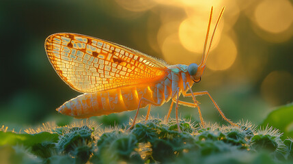 Lacewing, from below, close-up view, Hyper-realistic, early morning light 