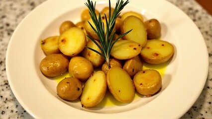 A dish of roasted garlic potatoes with rosemary_