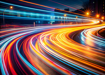 Urban Flow:  A symphony of light paints the night as cars streak through a modern city, capturing the energy and dynamism of urban life.  