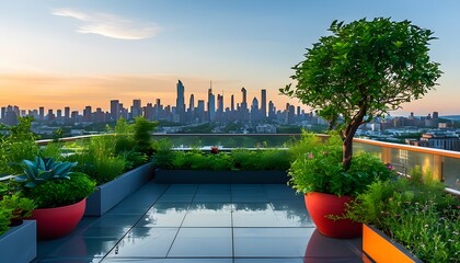 Poster - Lush urban rooftop garden featuring vibrant potted plants amidst a stunning city skyline, highlighting sustainability and green living.