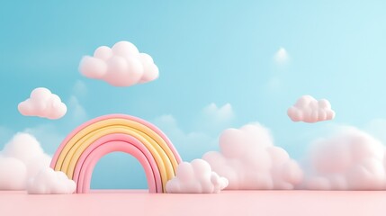 Canvas Print - Pastel Rainbow and Clouds  D Render   Sky Background