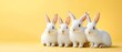© sakareeya - Adorable group of white rabbits sitting side by side against a bright yellow background, perfect for springtime themes.