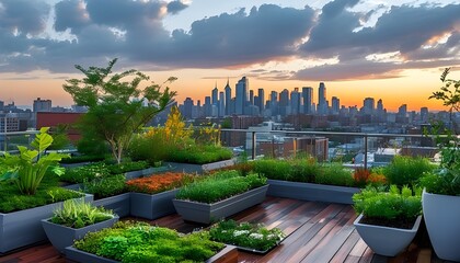 Poster - Lush urban rooftop garden featuring vibrant potted plants amidst a stunning city skyline, highlighting sustainability and green living.