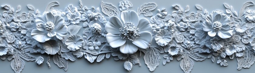 Wall Mural - 3D Floral Pattern  White Flowers  Embossed Texture  Seamless Design Blue Background