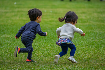 Two Children Running on a Grassy Field