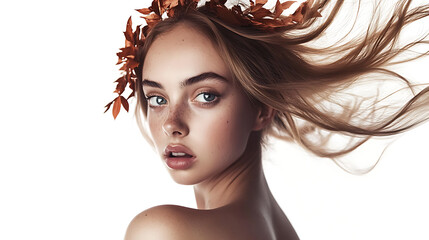 Autumn's Whisper: Ethereal beauty with windswept hair, adorned with a crown of golden leaves, evoking the essence of autumn. 