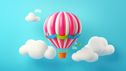 Wall Mural - A pink and white striped hot air balloon floats in a blue sky with white clouds.