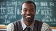 © nilanka - Happy afro male teacher standing in front of a chalkboard filled with notes.