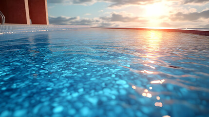 Poster - Tranquil Blue Pool Water Reflecting Sunset - Realistic Image