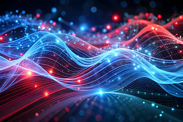 Digital Flow: Abstract waves of blue and red light dance and intertwine, symbolizing the dynamic and interconnected nature of digital data. A mesmerizing visualization of the digital world. 