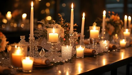 Wall Mural - Candlelit table adorned with crystals, exuding warmth and inviting charm