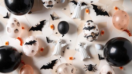 Top view of bat ornaments, ghost figurines, and spooky balloons on an eggshell background, ample space for text.