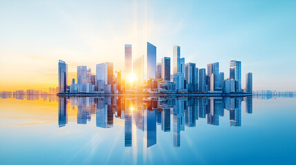 Wall Mural - Picture of modern skyscrapers of a smart city futuristic financial district with buildings and reflections  blue color background for corporate and business template with warm sun rays of light