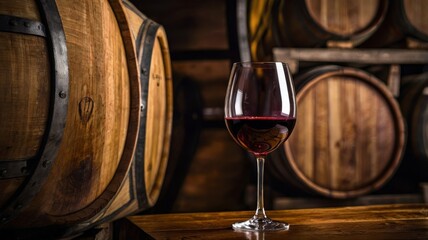 A wine glass is sitting on a wooden table next to a barrel