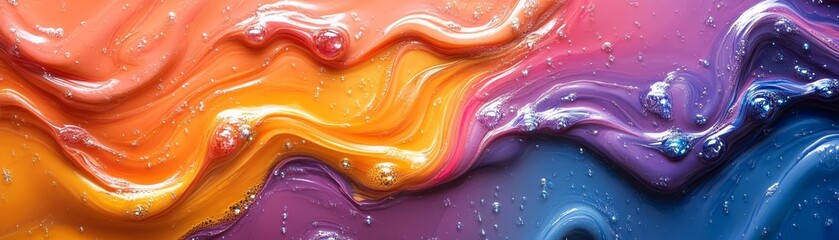 Abstract Fluid Art Swirls in Orange Purple and Blue with Shimmering Bubbles