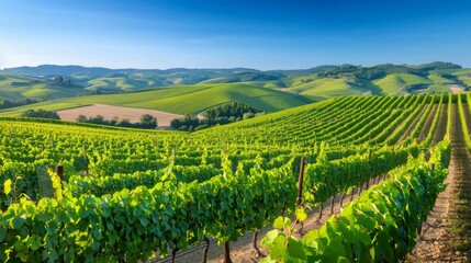 Wall Mural - a scenic view of rolling vineyards under a clear blue sky, with ripe grapes ready for harvest and lush green hills in the background, evoking the warmth of summer in the countryside, with copy space