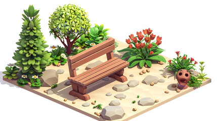 Canvas Print - Garden Bench isometric garden elements 3D cartoon