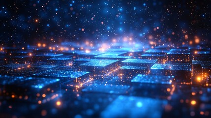 Fototapete - Abstract Blue and Orange Glowing Cube Background