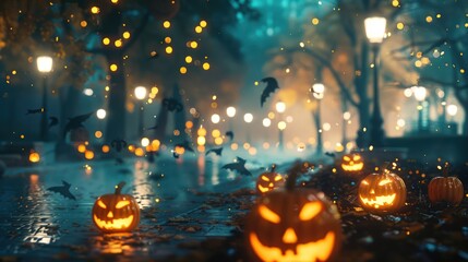 Spooky Halloween night in a city park, with eerie mist and glowing pumpkins scattered throughout. Full ultra HD, high resolution --ar 16:9 --no noise --v 6.0 - Image #3 @hamza