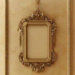 Ornate gold picture frame hanging on a wall with decorative molding.