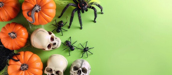 Spooky Halloween items including skulls, orange pumpkins, and black spiders on a lime green background with room for text.