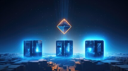 Wall Mural - Three glowing blue cubes with a diamond-shaped light above them, on a futuristic, abstract background.