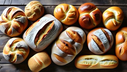 Artisan assortment of freshly baked breads and rolls displayed on a rustic wooden table