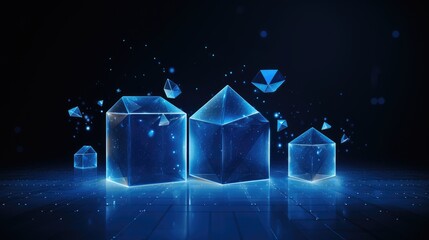 Three glowing blue geometric shapes with a dark background.