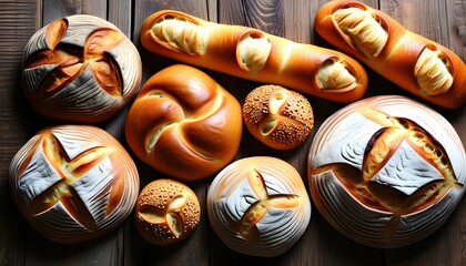 Artisan assortment of freshly baked breads and rolls displayed on a rustic wooden table