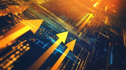 Abstract digital background with upward arrows representing growth and progress.