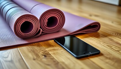 smartphone and yoga mat on wooden floor prepared for an energizing workout session