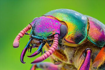 Wall Mural - Close-up shot of a vibrant iridescent beetle with green, purple, and yellow hues.