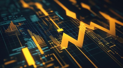 Wall Mural - Abstract digital background with upward and downward arrows representing growth and decline in a financial chart.