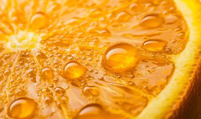 Close-up of a juicy orange slice with water droplets.