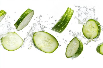 Flying cucumber has water drop with slices collection isolated on white background, ai