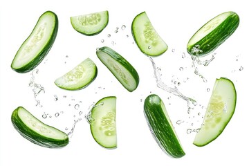 Flying cucumber has water drop with slices collection isolated on white background , ai