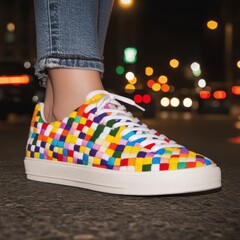 Wall Mural - Fashion sneakers in motion walking down an urban street street fashion photography stylish footwear blurred urban background modern streetwear bright colorful sneakers dynamic shot lifestyle and fashi