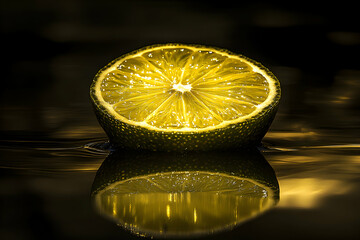 Wall Mural - A slice of lime floats on water, illuminated by a golden light, casting a reflection.