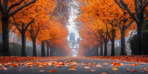 
Empty autumn road covered with fallen leaves and trees forest with orange foliage