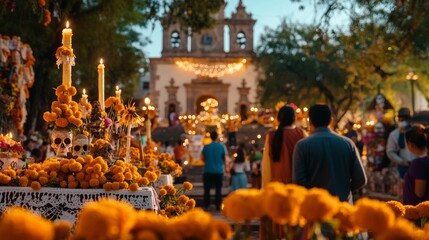 Vibrant Día de los Muertos festival with altars, marigolds, and costumes