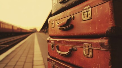 Vintage leather suitcases stacked at a train station warm golden sunset light nostalgic travel scene retro luggage wooden platform steam from train travel photography retro style vintage aesthetic tra