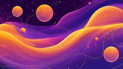 Wall Mural - Abstract cosmic design with vibrant waves and floating spheres.