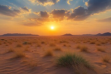 Wall Mural - Sunset over the desert of Saudi Arabia wide view, ai