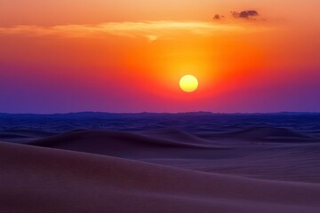 Sunset over the desert of Saudi Arabia wide view, ai